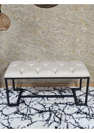 Zafir Siyah Boyalı - L - Ayaklı 100 Cm X 38 Cm Oturak - Bench - Makyaj Taburesi - Makyaj Oturak Krem