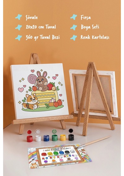 Pastalı Tavşancık Boyama Tuvali Şövaleli Boya Seti 20x20