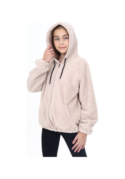 Toontoy Kız Çocuk Kapüşonlu Fermuarlı Cepli Reglan Kol Peluş Hırka Bej