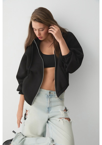 ETHIQUET VA IT Kadın Çift Cepli Eteği Ve Kol Ucu astikli Fermuarlı Oversize Siyah Sweatshirt