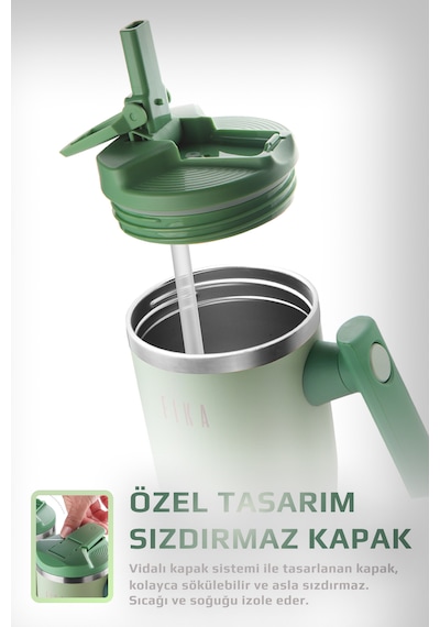 Fika Lumi Patentli Döner Kulplu Sızdırmaz Çelik Termos 1200 Ml - Bej Mint Yeşili