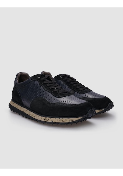 %100 Hakiki Deri Siyah Süet - Füme Bağcıklı Erkek Sneaker-siyah Siyah