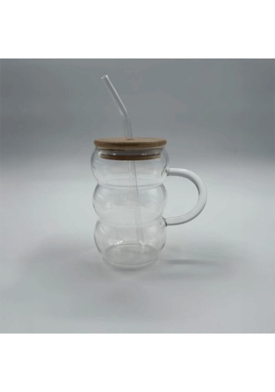 Bubble Kulplu Borosilikat Cam Bardak Isıya Dayanıklı 600 Ml - Bambu Kapaklı Şeffaf