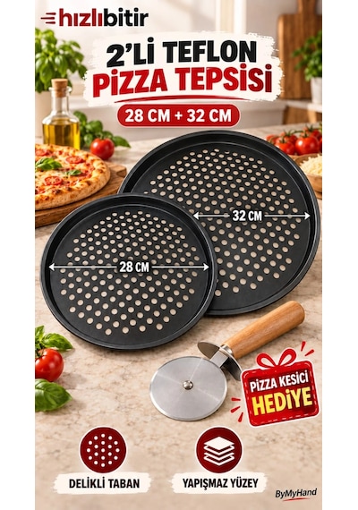 Bymyhand Teflon Kaplama Siyah Yanmaz Yapışmaz Pizza Tepsisi 2'li Set 28 32 Cm Pizza Kesici Hediyeli