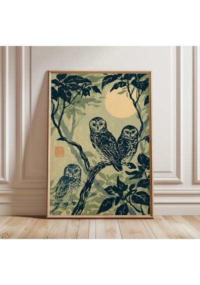 Baykuş Ahşap Baskı Poster Japon Ahşap Baskı Hayvan Sanatı Gece Ormanı Duvar Dekoru