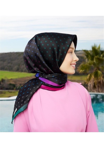 Armine Twill İpek Eşarp Siyah, Fuşya, Yeşil 8936-53