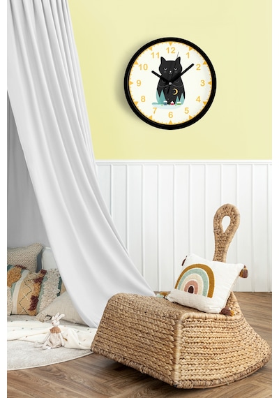 Sevimli Kedi Temalı Modern Duvar Saati - 30cm - Önü Camlı Siyah Kasa - Sessiz Mekanizma-jh0100 Siyah