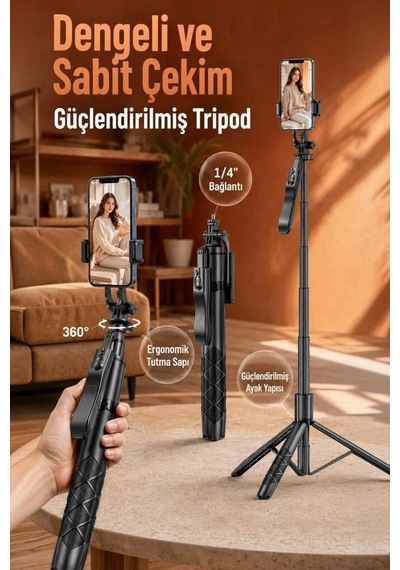 Premium L16 Tripod Kumandalı 153cm Selfie Çubuğu Gezi Gereci Çekim Standı Cihaz Tutucu