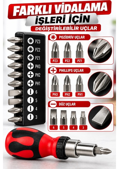 Eltaş 10 U 1 Arada Cırcırlı Tornavida Seti Değiştirilebilir Uçlu Ergonomik Tornavida