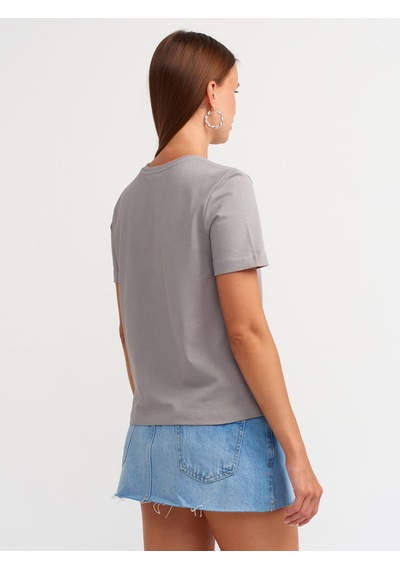 Dilvin Pamuklu Bisiklet Yaka T-shirt Gri