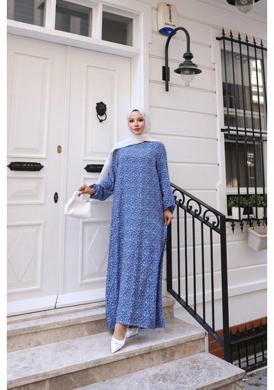 Nevayla Moda Çiçek Desenli Viskon Elbise - Mavi / E0128 Mavi