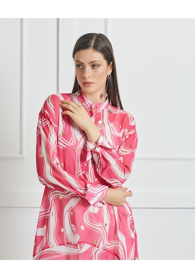 Serpil Exclusive Asimetrik Kesim Desenli Uzun Tunik Rahat Ve Şık Tasarım Pembe