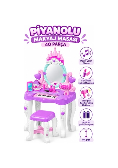 40 Parça Piyanolu Ve Işıklı Çocuk Makyaj Masası Tabureli Saç Kurutma Makineli Prenses Makyaj Seti