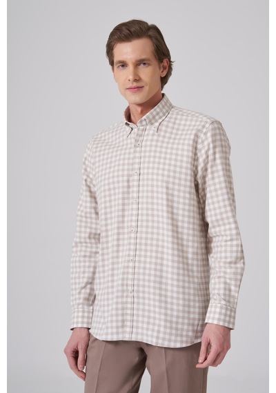 Morven Erkek Bej Pamuk Trend Kareli Regular Fit Düğmeli Yaka Gömlek 26ms004014653 Bej