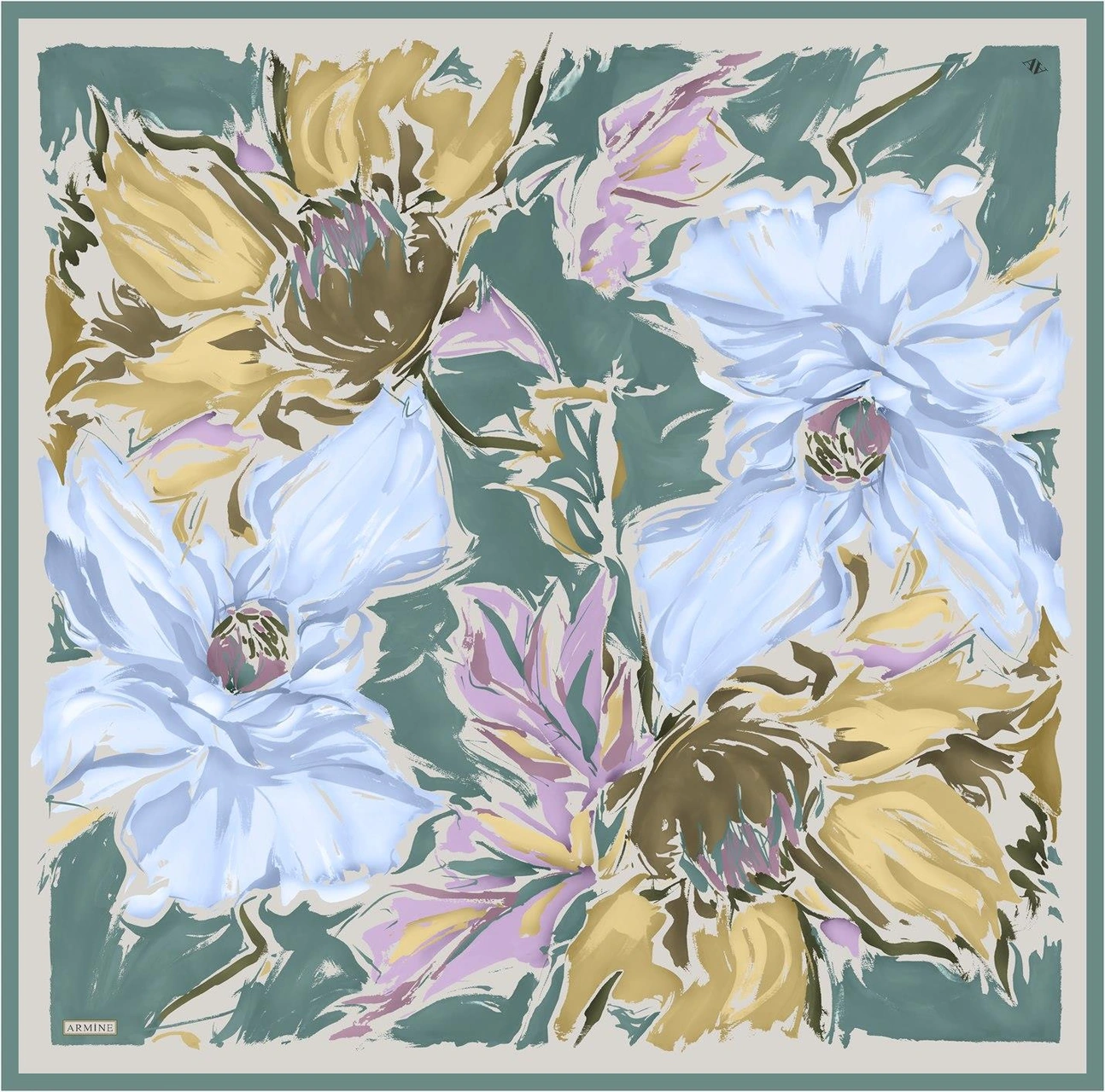 Armine Çiçek Desenli Saf İpek Twill Eşarp 9337d 50 Yeşil