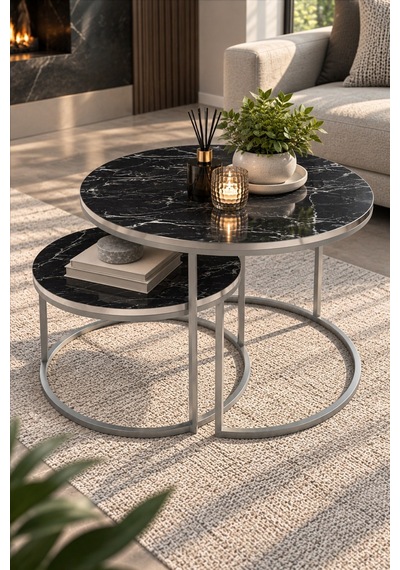 Sulorahome Gümüş Metal Ayaklı Siyah Mermer Desenli 2'li Orta Sehpa Seti