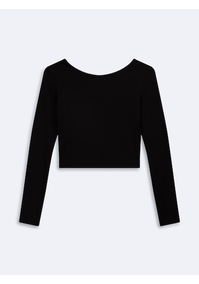 LTB Uzun Kollu Bisiklet Yaka Crop Siyah Sweatshırt