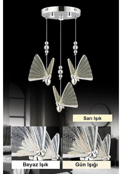 İstanbul Avize İpek 3'lü Gümüş Ledli 3 Renk Modern Led Avize Gümüş