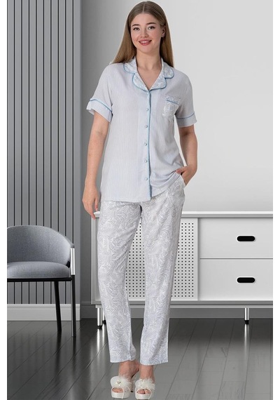 Mecit Pijama Mecit 5144 Bayan Mavi Boydan Düğmeli Kısa Kollu Pijama Takımı 001