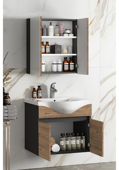Yıldız 65 Cm Antrasit Gri Mat-Atlantik Çam Mdf Seramik Lavabolu A Antrasit - Atlantik Çam
