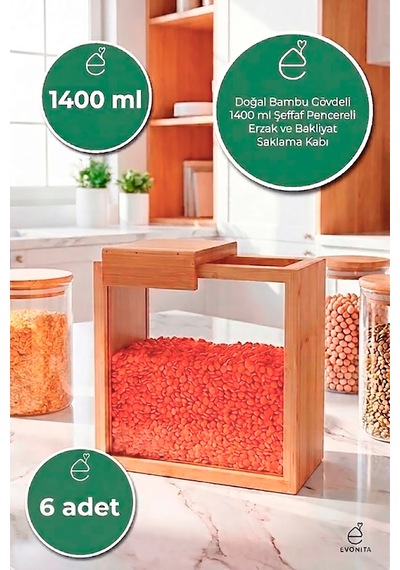 1400 Ml Bambu Kapaklı Erzak Kabı Bakliyat Saklama Kabı Mutfak Organizer Tekli Saklama Kutusu 6 Adet Kahverengi