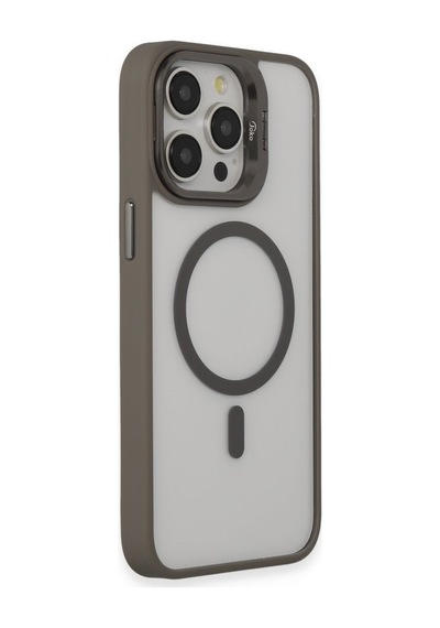 Apple Uyumlu iPhone 15 Pro Kılıf Ve Lens Magsafe Standlı Kamera Camlı Kapak Gri