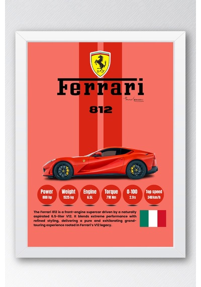 Ferrari 812 Kırmızı V12 Premium Spor Araba Tablosu - Teknik Özellikli İtalyan Otomobil Duvar Dekoru Beyaz Ferrari 812 Kırmızı V12 Premium Spor Araba Tablosu - Teknik Özellikli İtalyan Otomobil Duvar Dekoru Beyaz