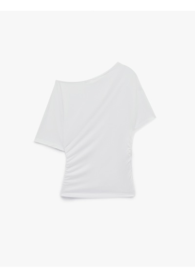 Koton Slim Fit Drape Detaylı Omzu Açık Kayık Yaka Tişört Beyaz 6sak50414ek