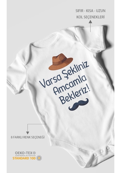 Morivokids Varsa Şekliniz Amcamla Bekleriz Kısa Kollu Bebek Body %100 Pamuk Beyaz