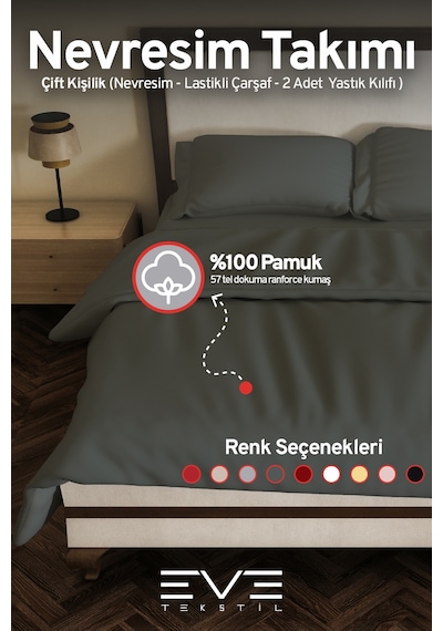 Eve Tekstil %100 Pamuk Ranforce Çarşaflı Yastık Ve Yorgan Kılıflı Çift Kişilik Nevresim Takımı 200x220 Cm Koyu Gri