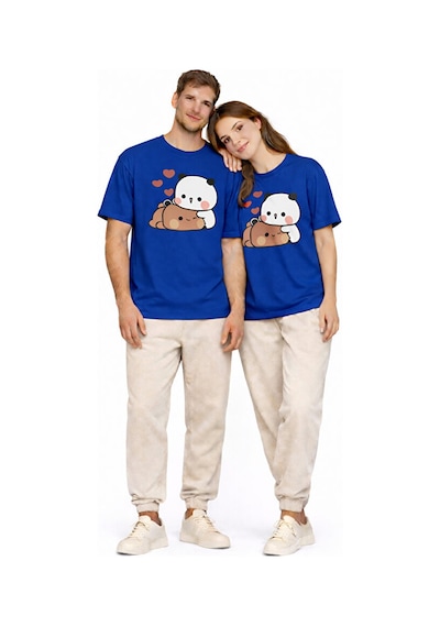 Sevimli Panda Baskılı Sevgili Kombini Çift Tişört Oversize Unisex Lacivert