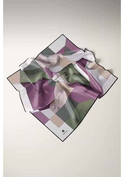Vissona %100 Twill İpek Geometrik Desenli Gül Kurusu - Haki Renkli 90x90 Eşarp Dikim Şekli : El Dikişi Çok Renkli
