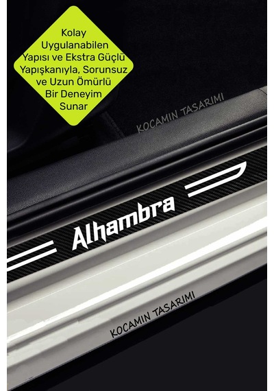 Seat Alhambra Yazılı Karbon Kapı Eşiği Siyah Beyaz Dekoratif Kapı Koruyucu 4'lü Set Seat Alhambra 4 Adet