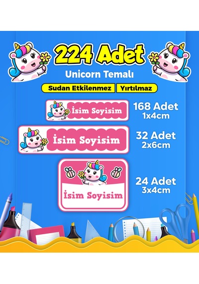 Unicorn Temalı Okul Kreş Kişiye Özel İsim Etiket Seti - Model 122 Çok Renkli
