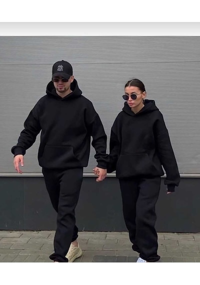 Nzn Collectıon Unisex Kadın Erkek Sevgili Çift Kombini Basic Düz Kapüşonlu 2'li Alt-üst Eşofman Takımı Siyah