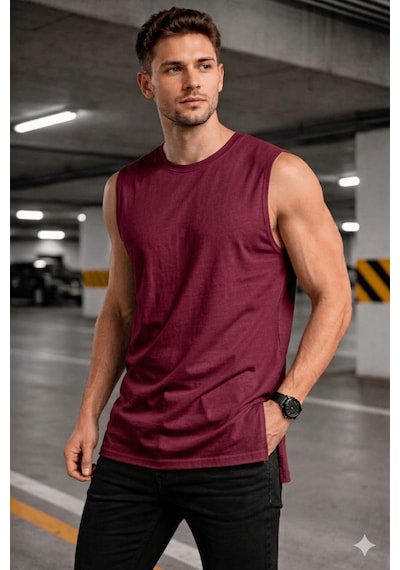 Erkek Kolsuz Regular Fit Basic Atlet Yan Yırtmaçlı Pis Yaka Tişört Bordo