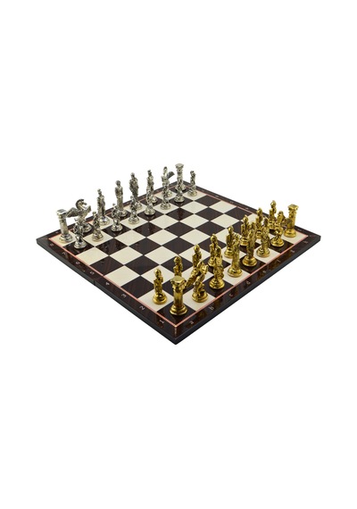 Gifthome Battal Boy Metal Pegasus Satranç Takımı Parlak Ve Katlanır Ceviz Desenli Mdf Satranç Tahtası 43x43 Cm.