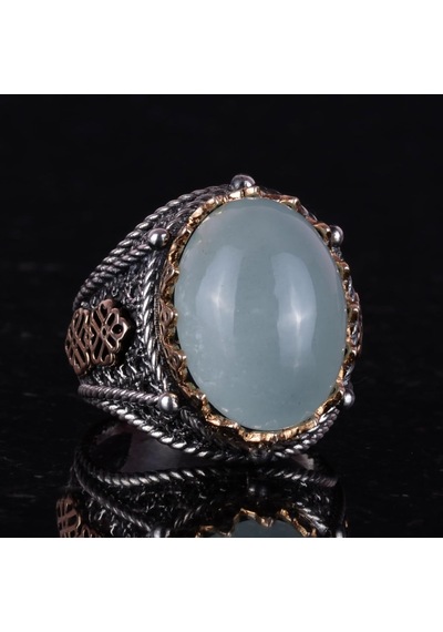 Doğal Cabochon Akuamarin Taş Yüzük, Huzurlu 925k Katı Gümüş Erkek Yüzüğü, Sakin Deniz Tasarımı Gümüş