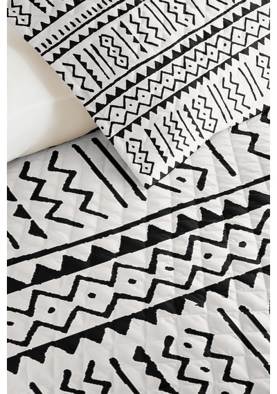 Siyah Geometrik Genç Odası Tek Kişilik Pike Takımı - Bohem Modern 160x220 Cm Kapitone Yatak Örtüsü Kışlık Meltem Kıyımı