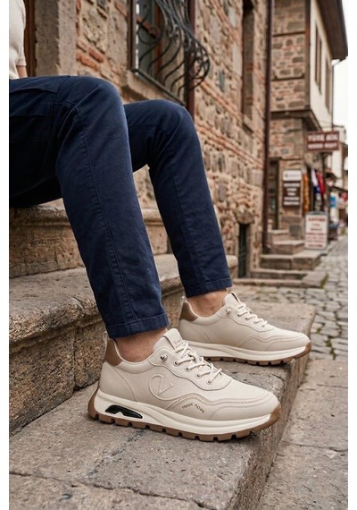 Pepita E350 Rahat Hafif Lastik Bağcıklı Özel Tasarım Spor Sneaker Erkek Ayakkabı Bej