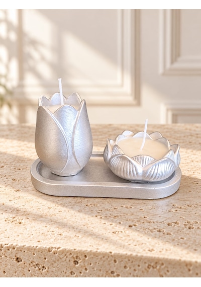 Altın Renk Lale Ve Lotus Çiçeği Mumluk Seti, 2 Li Dekoratif Polyester Mumluk Ve Oval Tepsi Gümüş