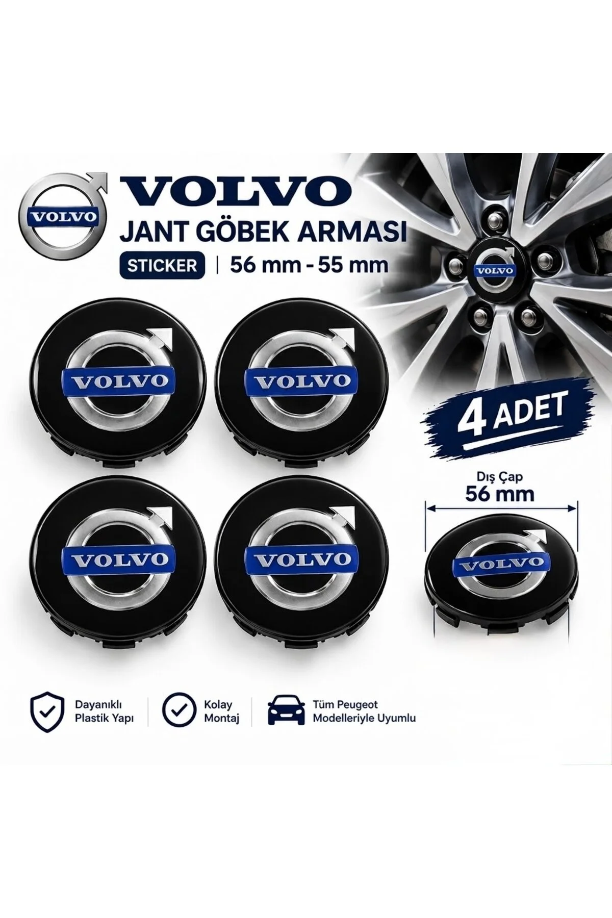 Volvo Logolu Alüminyum Jant Göbeği Arması Sticker 56mm - 4 Adet