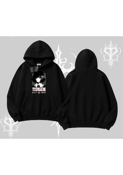 Startmore Kapşonlu Sweatshirt Tsundere Anime Japanese Style Baskılı Siyah