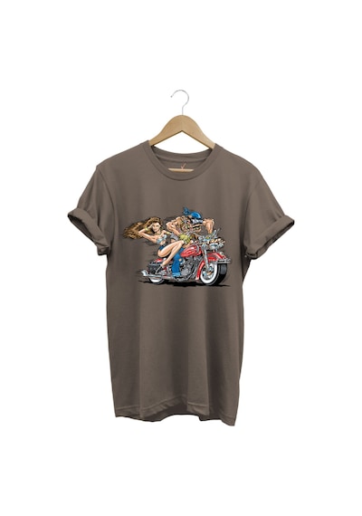 Motosiklet Motor Süren Adam Ve Kadın Baskılı %100 Pamuk Regular Fit T-shirt Kahverengi