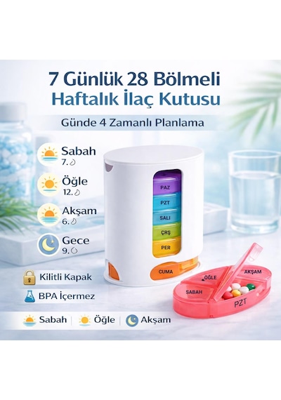 Coofbe Haftalık İlaç Saklama Kutusu 4 Bölmeli 28 Gözlü Kilitli Kapaklı Hap İlaç Kutusu Bpa İçermez Siyah