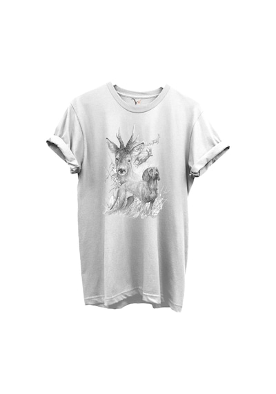 Geyik Ve Av Köpeği Çizim Baskılı %100 Pamuk Regular Fit Bisiklet Yaka Unisex T-shirt Beyaz