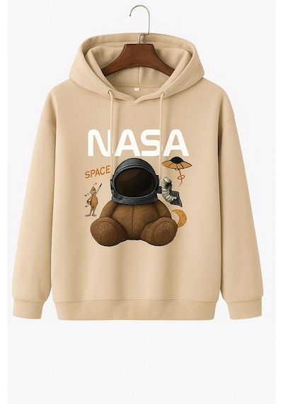 Kokina 3 İplik Penye Unisex Nasa Ayıcık Baskılı Kapüşonlu Sweatshirt Bej