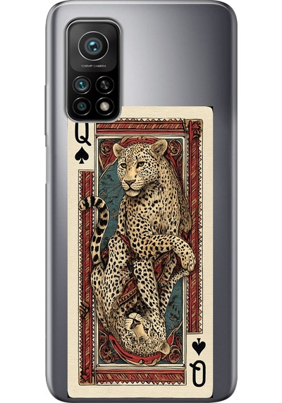 Xiaomi Mi 10t-10t Pro Uyumlu İskambil Kağıdı Tasarımlı Leopar Portre Baskılı Silikon Kılıf Renkli