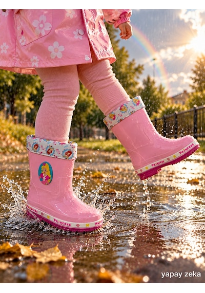 Mini Bonito Kız Çocuk Prenses Desenli İçi Astarlı Kaymaz Tabanlı Kışlık Yağmur Çizmesi Beyaz/pembe