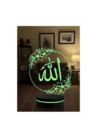 Allah Ve Vav Temalı 3d Dekoratif Led Gece Lambası - Çiçekli Modern Hat Sanatı - İslami Hediye
